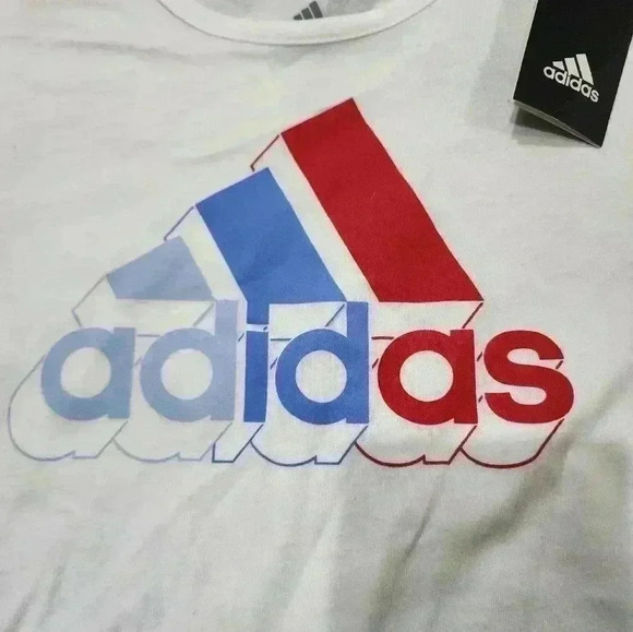 Girls SMALL (7/8) Adidas Logo Graphic T-Shirt Red White Blue NEW - Picture 2 of 4